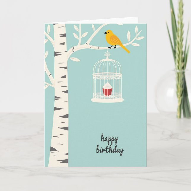 Tarjeta de cumpleaños de pájaro de abedul suave (Anverso)