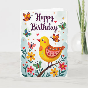 Tarjeta de cumpleaños de pájaro de arte popular