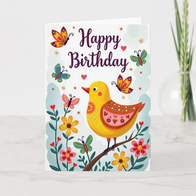 Tarjeta de cumpleaños de pájaro de arte popular (Anverso)