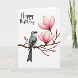 Tarjeta de cumpleaños de pájaro de magnolia rosa a