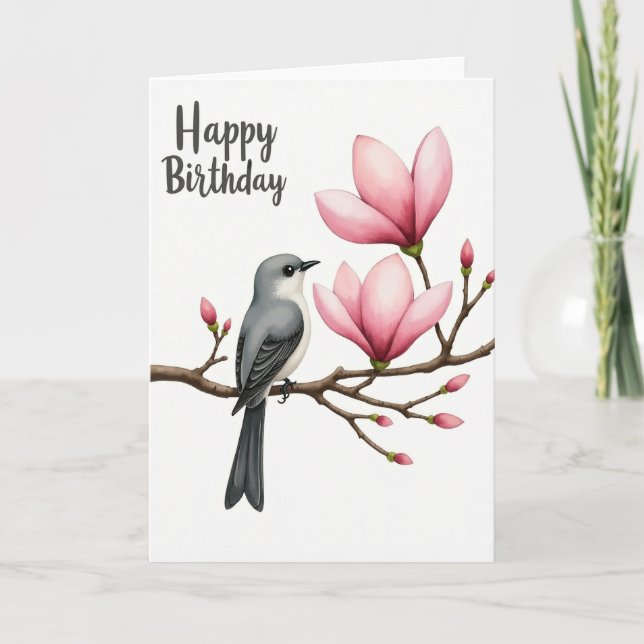 Tarjeta de cumpleaños de pájaro de magnolia rosa a (Anverso)