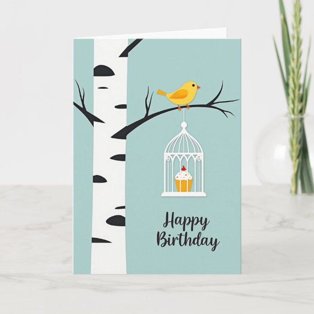Tarjeta de cumpleaños de pájaro en jaula de papel  (Anverso)