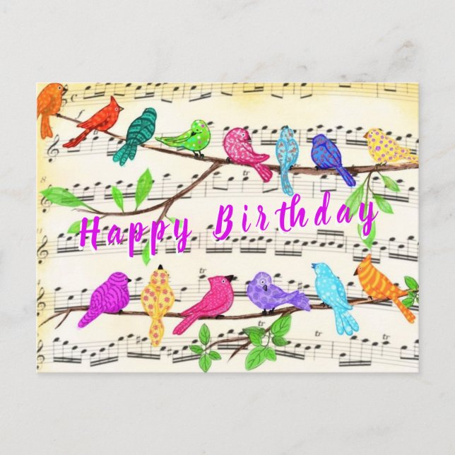 Tarjeta de cumpleaños de pájaro musical de color d (Anverso)