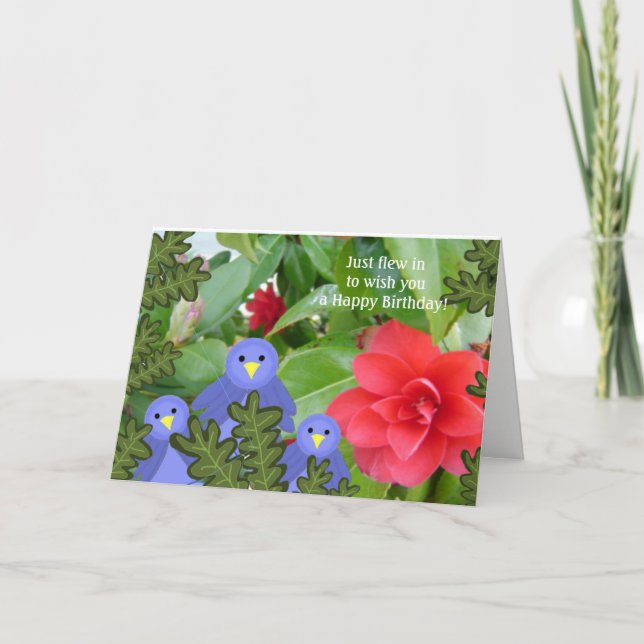 Tarjeta de cumpleaños de pájaros azules y flores (Anverso)