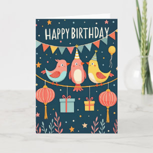Tarjeta de cumpleaños de pájaros caprichosos