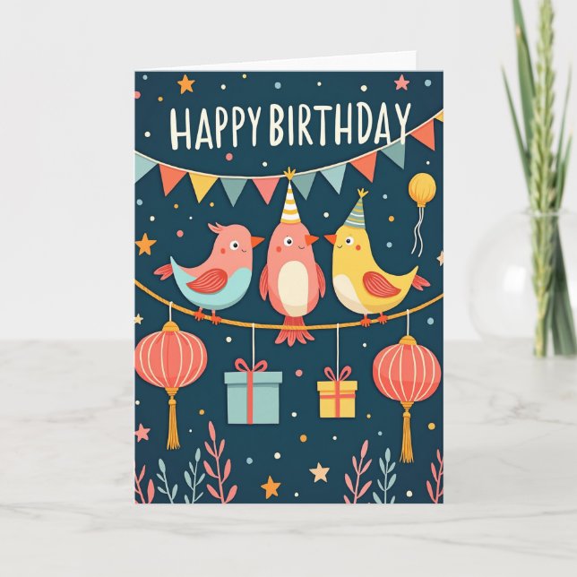 Tarjeta de cumpleaños de pájaros caprichosos (Anverso)