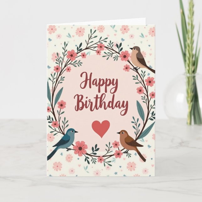 Tarjeta de cumpleaños de pájaros con corona (Anverso)
