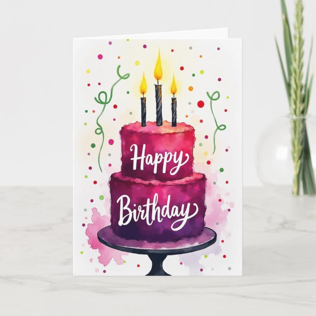 Tarjeta de cumpleaños de pastel de amatista (Anverso)
