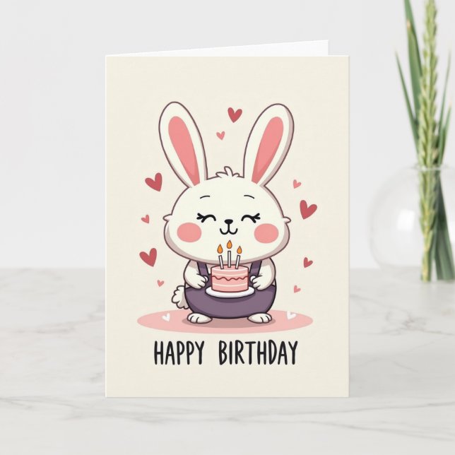 Tarjeta de cumpleaños de pastel de conejito alegre (Anverso)