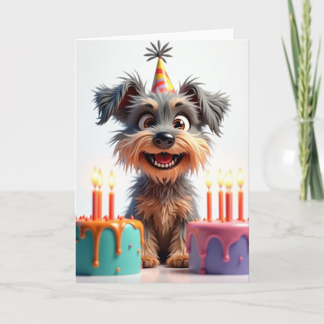 Tarjeta de cumpleaños de pastel de perro desgreñad (Anverso)