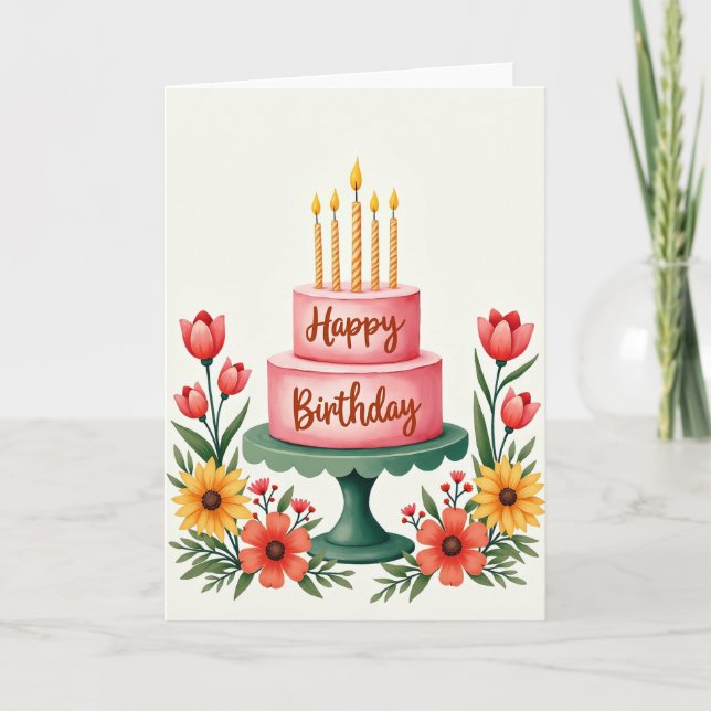 Tarjeta de cumpleaños de pastel de rosa (Anverso)