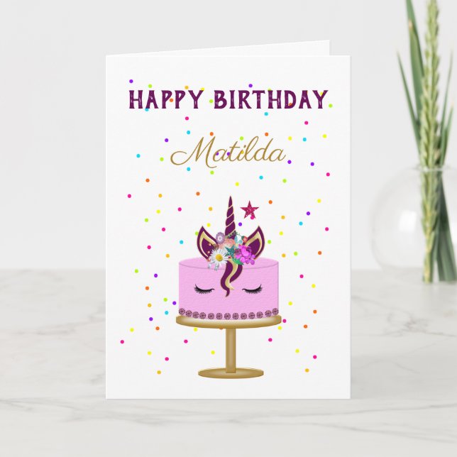 Tarjeta de cumpleaños de pastel de unicornio mágic (Anverso)