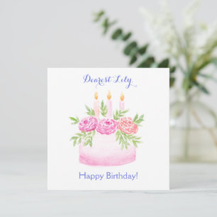 Tarjeta de cumpleaños de pastel floral de acuarela
