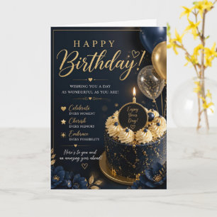 Tarjeta de cumpleaños de pastel floral dorado azul
