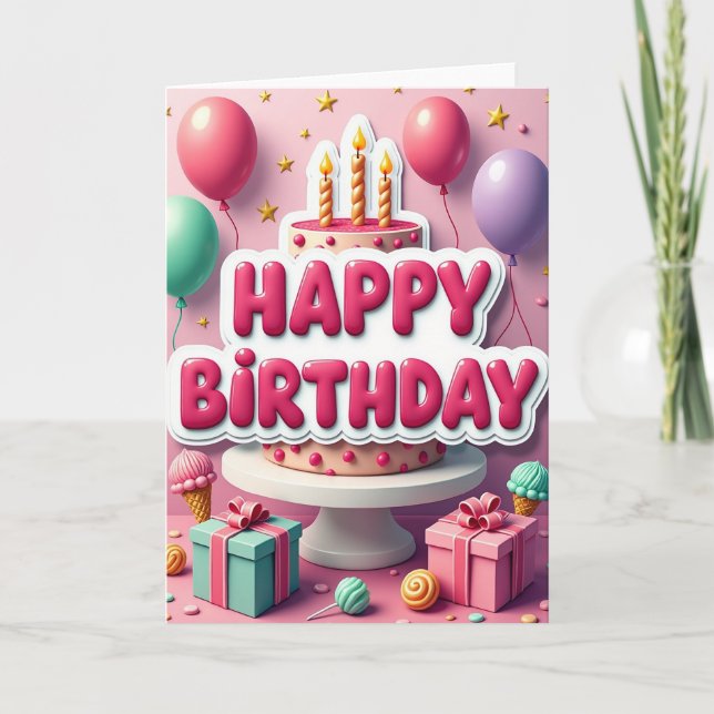 Tarjeta de cumpleaños de pastel rosa (Anverso)