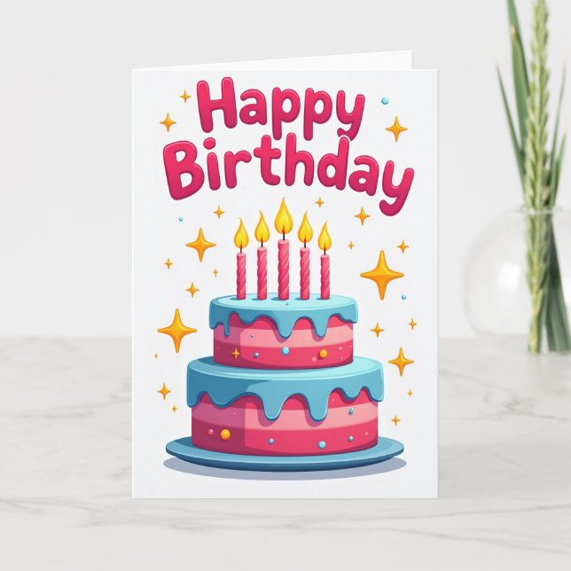 Tarjeta de cumpleaños de pastel rosa azul alegre (Anverso)