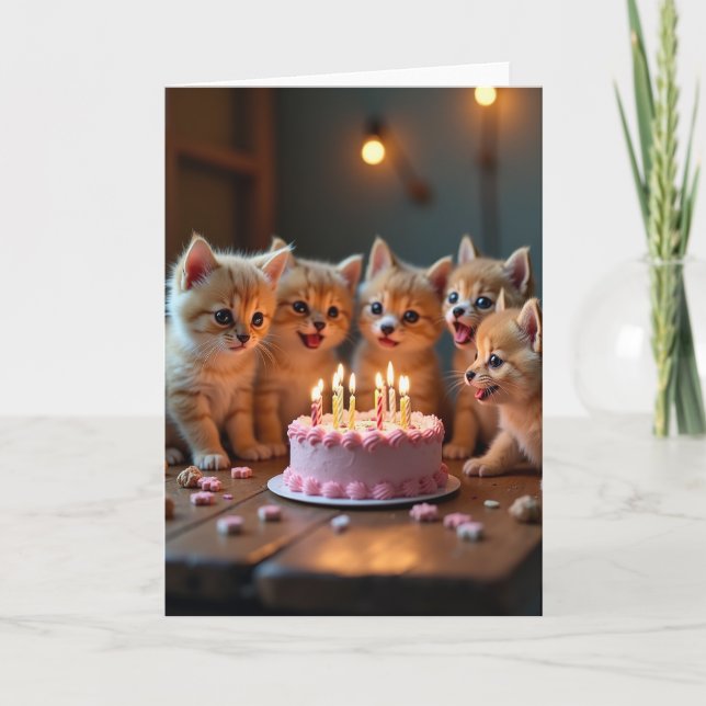 Tarjeta de cumpleaños de pastel rosa para gatito (Anverso)