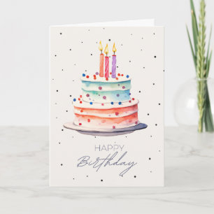 Tarjeta de cumpleaños de pastel y confeti colorido