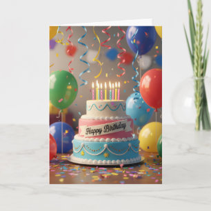 Tarjeta de cumpleaños de pastel y globos de celebr