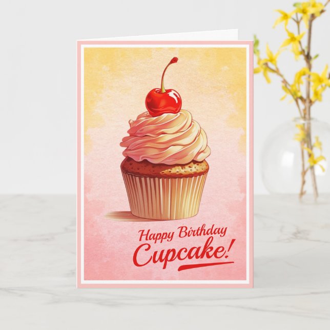Tarjeta de cumpleaños de pastelito de cereza estil (flor amarilla)