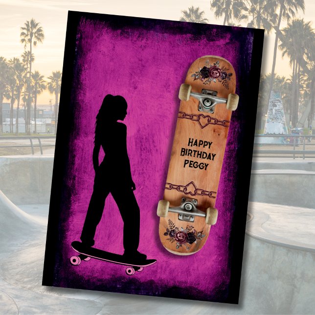 Tarjeta de cumpleaños de patinaje: Patina como una (Shred Like a Girl Skateboarding Happy Birthday Card)