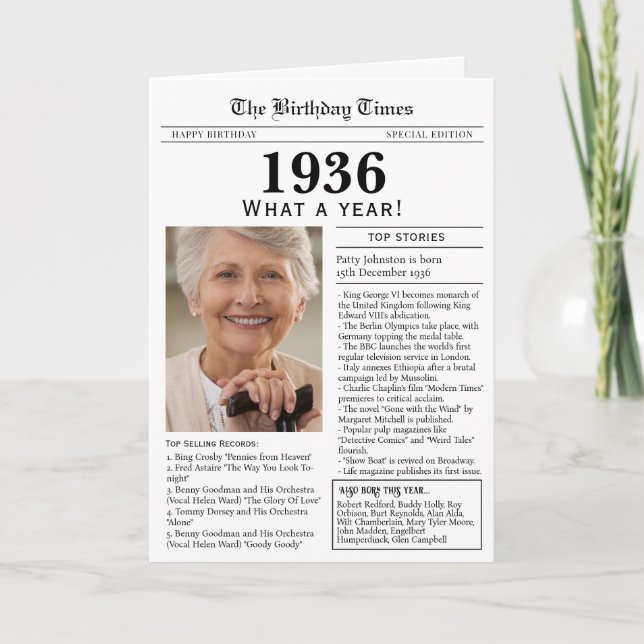 Tarjeta de cumpleaños de periódico de 1936 cumplea (Anverso)