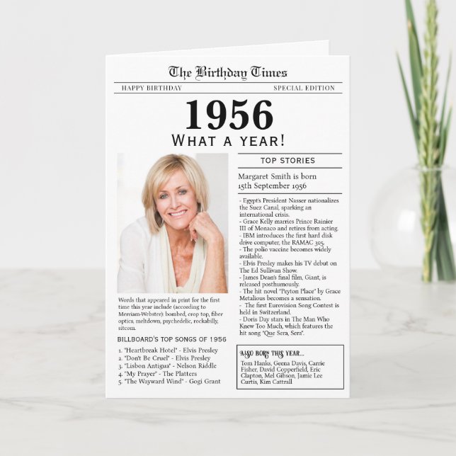 Tarjeta de cumpleaños de periódico de 1956 (Anverso)