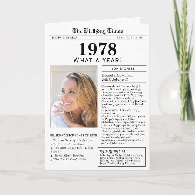 Tarjeta de cumpleaños de periódico de 1978 (Anverso)