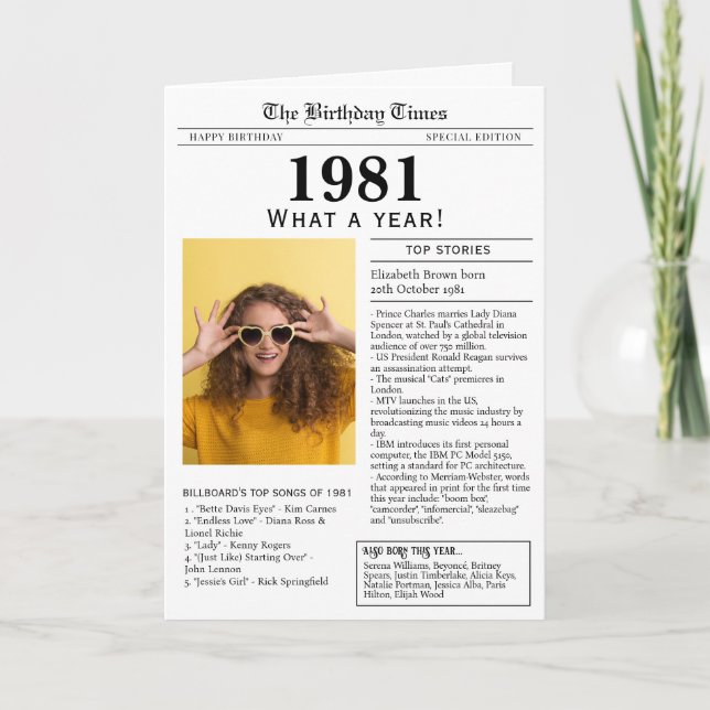 Tarjeta de cumpleaños de periódico de 1981 (Anverso)