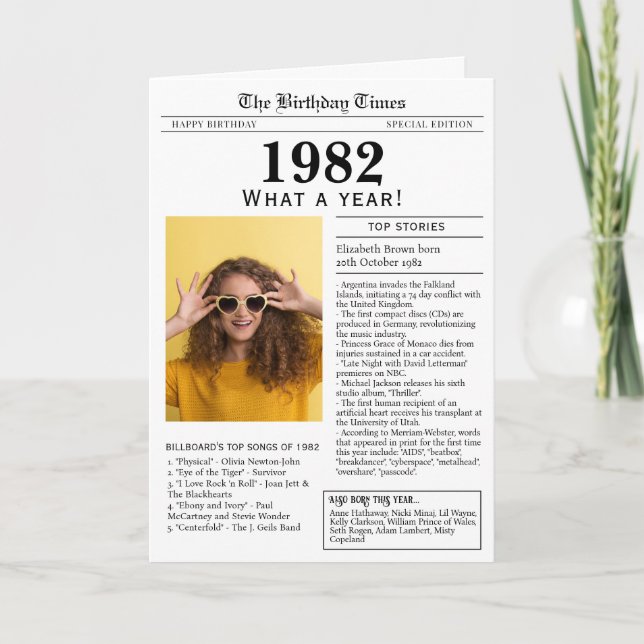 Tarjeta de cumpleaños de periódico de 1982 (Anverso)