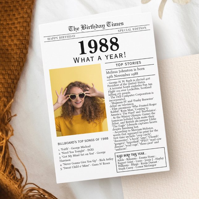 Tarjeta de cumpleaños de periódico de 1988 (1988 Newspaper-style Birthday card, unique birthday wishes for her personalized custom with photo)