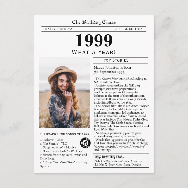 Tarjeta de cumpleaños de periódico de 1999  (Anverso)