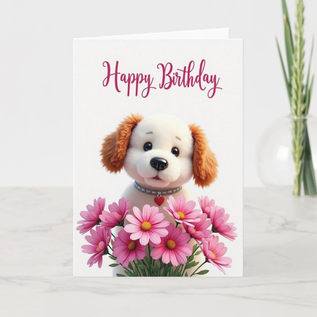 Tarjeta de cumpleaños de perro con flores dulces (Anverso)