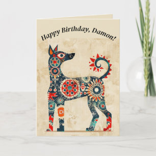 Tarjeta de cumpleaños de perro de arte folclórico