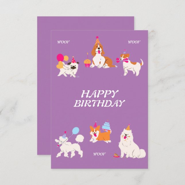 Tarjeta de cumpleaños de perro ilustrativo morado  (Anverso / Reverso)