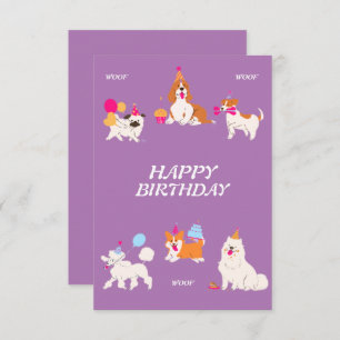 Tarjeta de cumpleaños de perro ilustrativo morado 