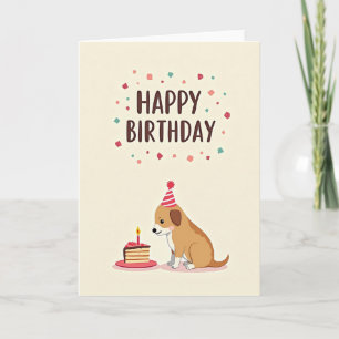 Tarjeta de cumpleaños de perro juguetón con pastel