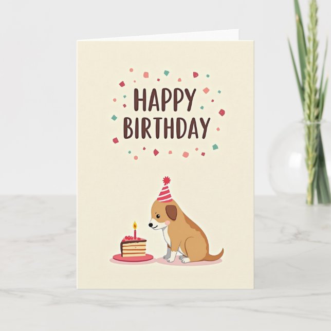 Tarjeta de cumpleaños de perro juguetón con pastel (Anverso)