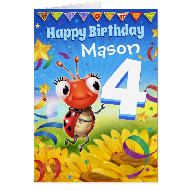 Tarjeta de cumpleaños de Personalizado de 4 años R (Frente)