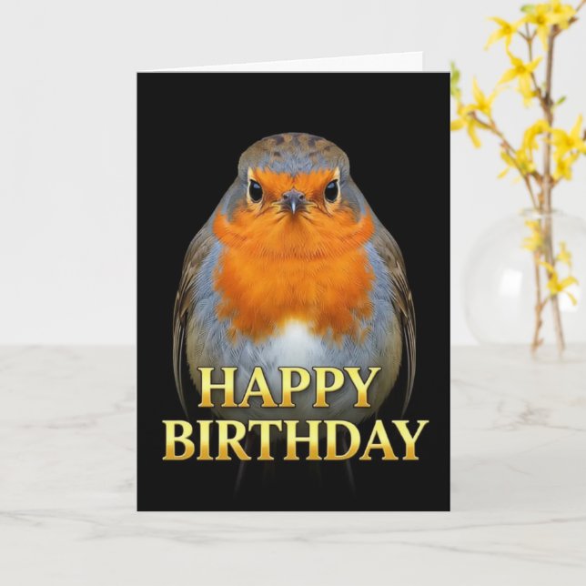 TARJETA DE CUMPLEAÑOS DE PETIRROJO EN PRIMER PLANO (flor amarilla)