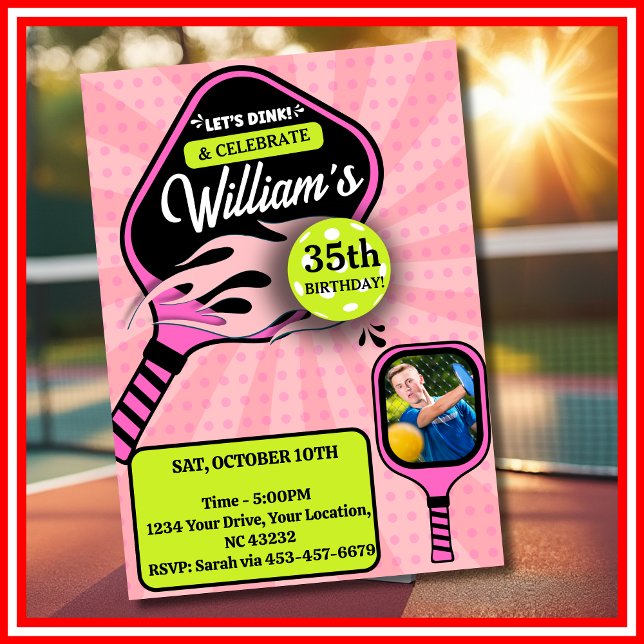 Tarjeta de cumpleaños de Pickleball RETRO rosa Dep (Pickleball RETRO Pink Sports PHOTO Birthday Invitation)