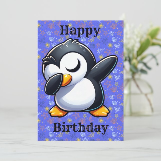 Tarjeta de cumpleaños de pingüino haciendo dab (Anverso de pie)