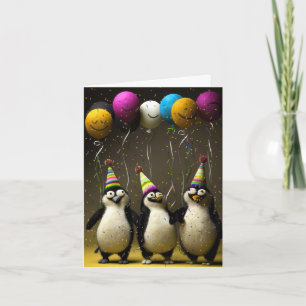 Tarjeta de cumpleaños de pingüinos con globos