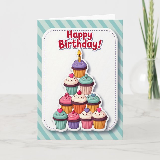 Tarjeta de cumpleaños de pirámide de cupcakes (Anverso)