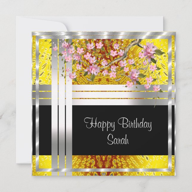 Tarjeta de cumpleaños de plata dorada floral (Anverso)