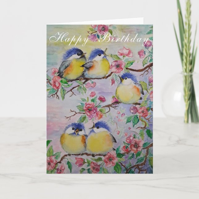 Tarjeta de cumpleaños de primavera con pájaros (Anverso)