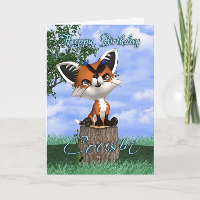 Tarjeta De Cumpleaños De Primo Con Fox Y Mariposa  (Anverso)