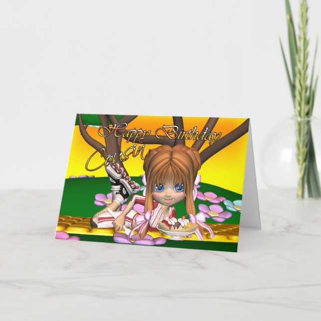 Tarjeta de cumpleaños de primo con pastel cortado  (Anverso)