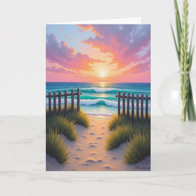 Tarjeta de cumpleaños de puesta de sol costera (Anverso)
