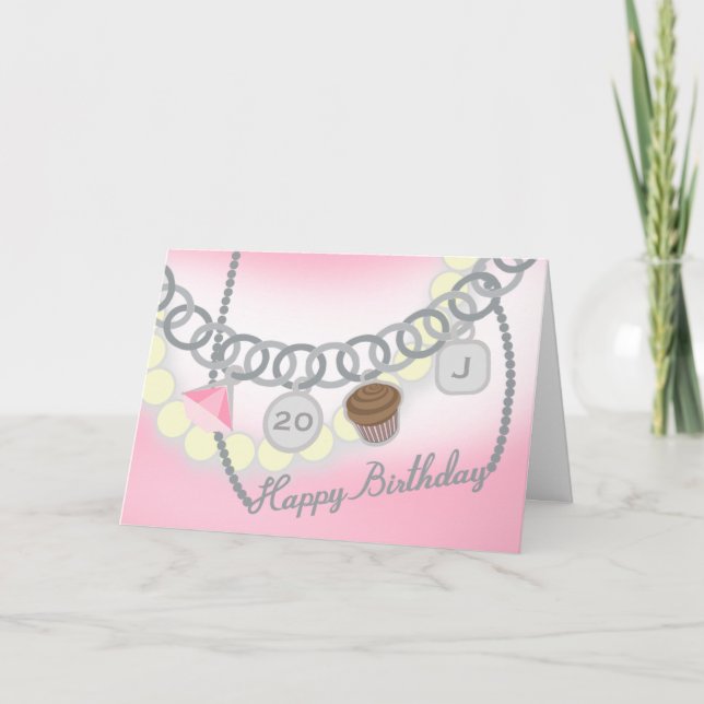 Tarjeta de cumpleaños de pulsera con dije y perlas (Anverso)